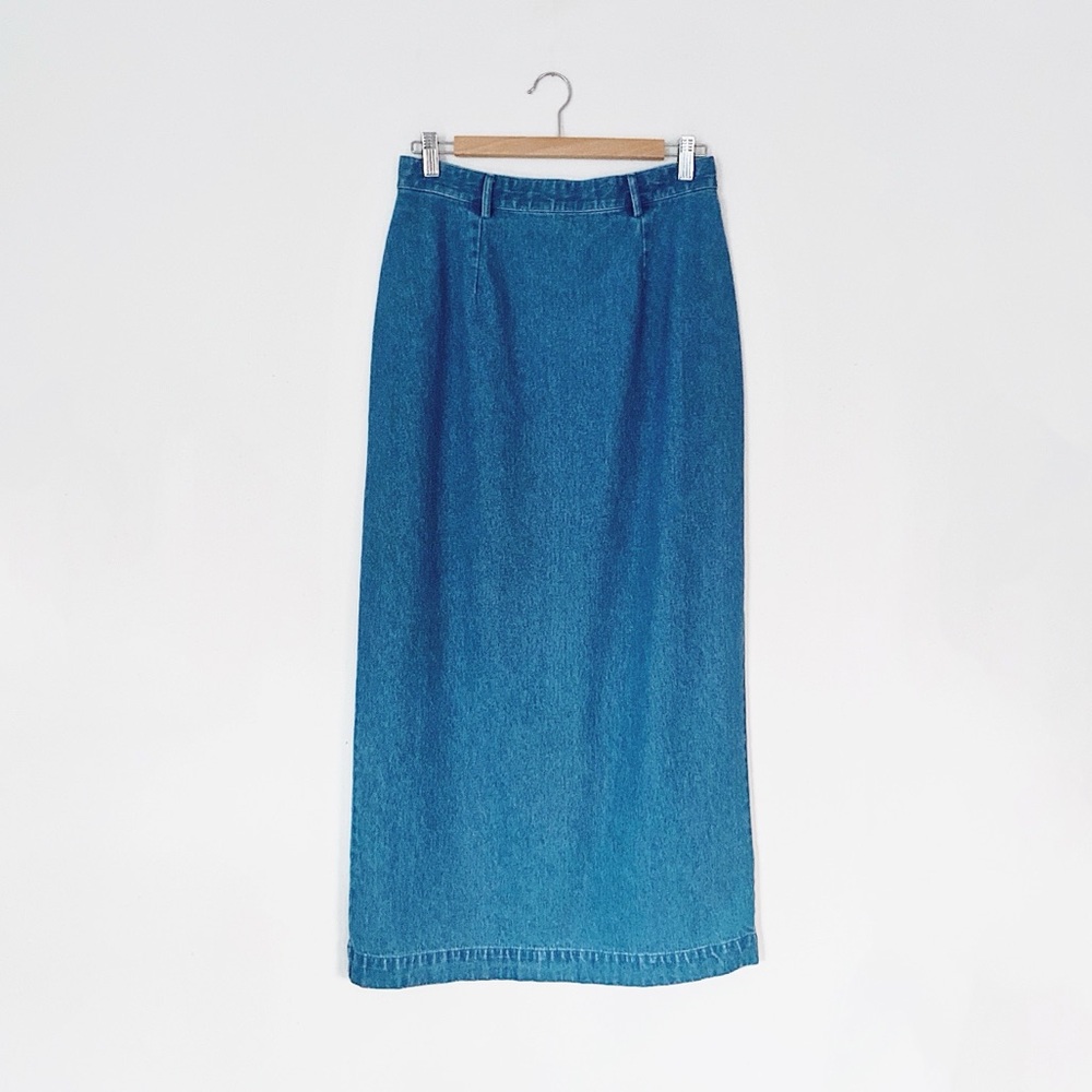 denim minimalist 90s long skirt • high slit • 30 inch high waist